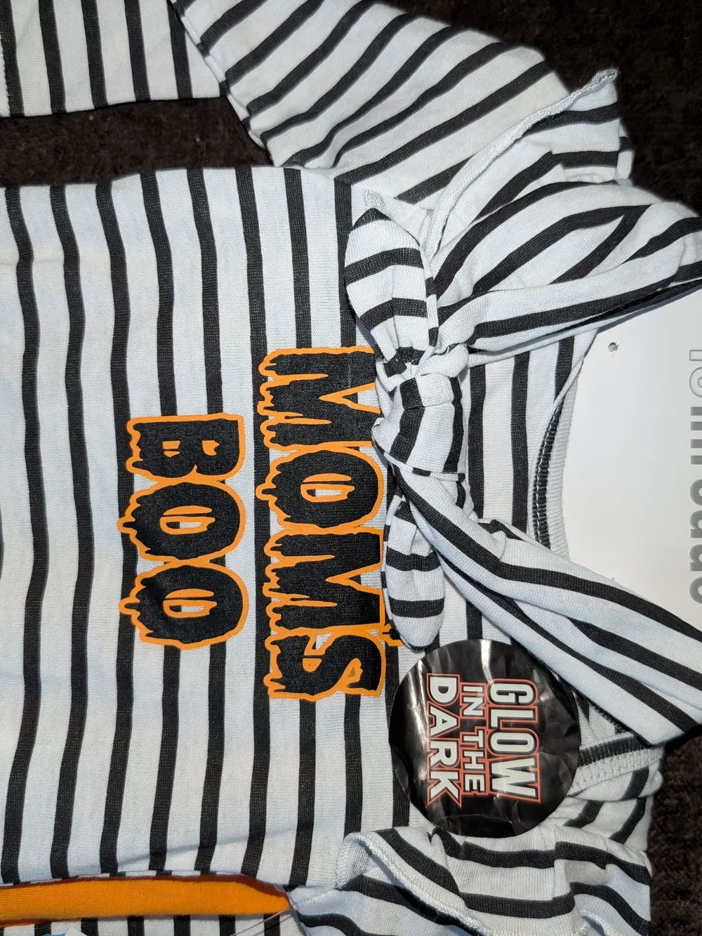 Kids' Black & White Stripe 'Moms Boo' Hoodie Bodysuit with Orange Pants